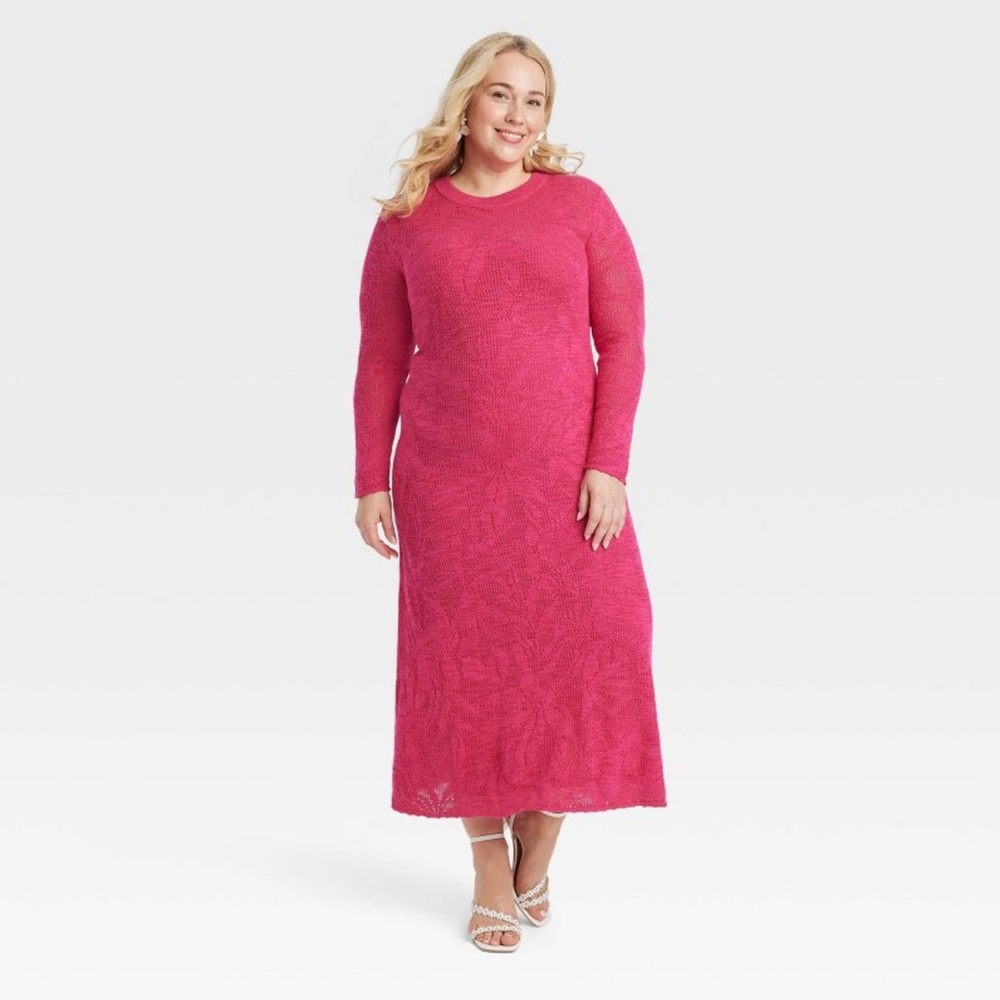 A New Day Women's Long Sleeve Maxi Pointelle Dress - Pink, 2X